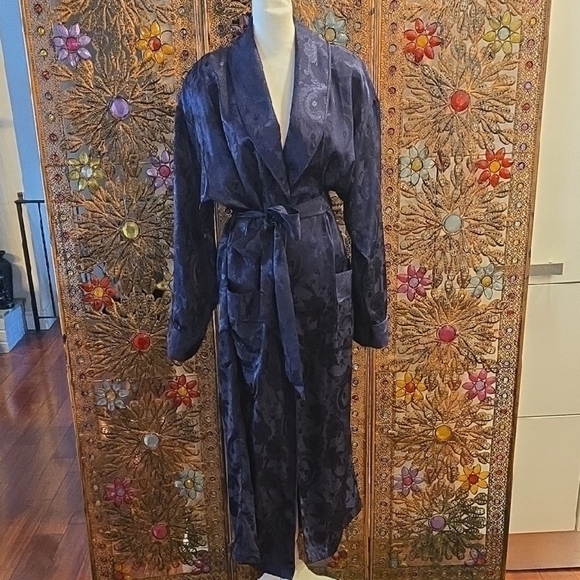 Victoria's Secret Gold Label Blue Satin Jaquard Robe Shawl Collar Small